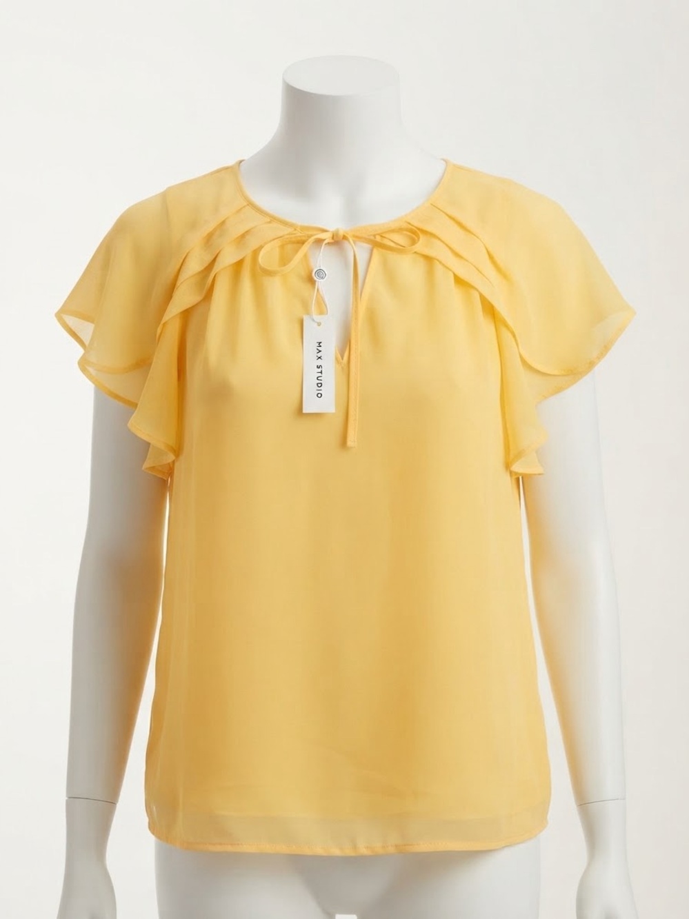 Max Studio Pale Yellow Ruffle-Sleeve Tie-Neck Blouse